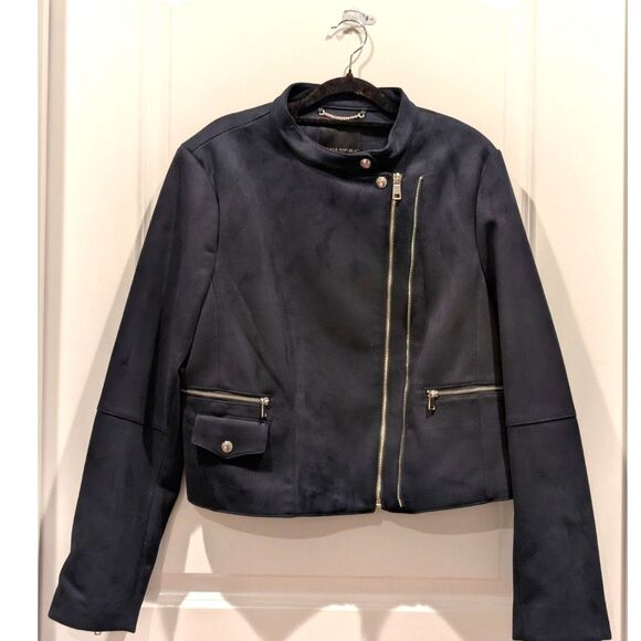 Banana Republic Navy Vegan Suede Biker Jacket with Gold Accent Zippers Large - Picture 2 of 9